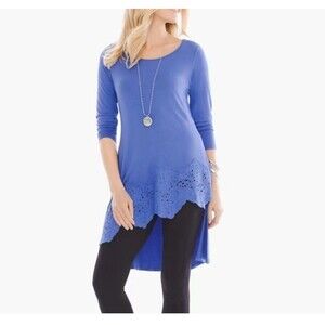 Chico's Aster Blue Lace Trim Asymmetrical Hem Tunic Top 1 Sz M Lagenlook Coastal